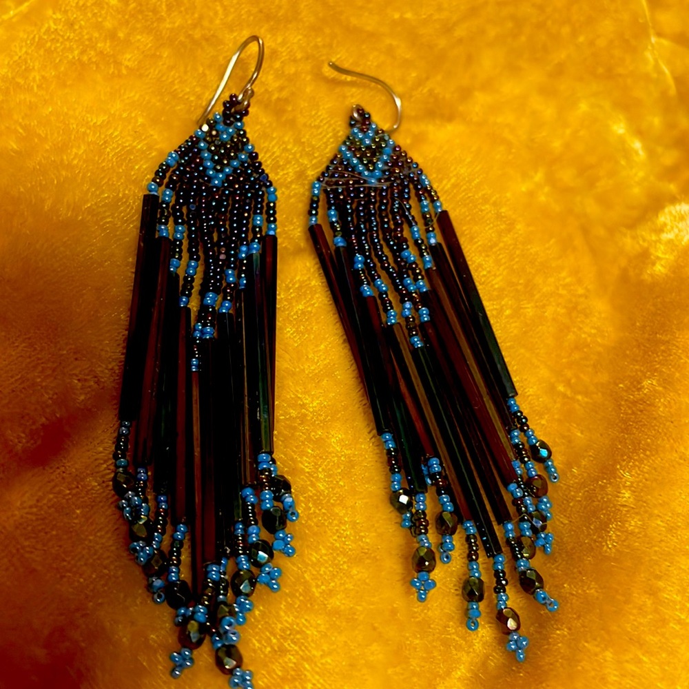 Blues and shades of Blue Seed Beaded Long Fringe Dangle Earrings Handmade